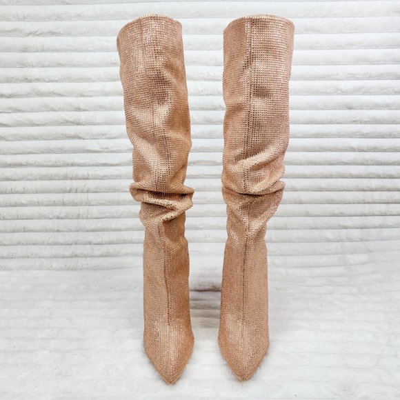 Radiant Beige Rhinestone High Heel Slouch Knee High Boots - Picture 7 of 9
